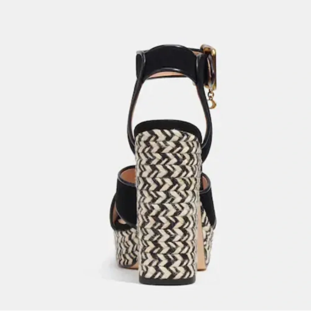 GUWOB Coach Black Suede Platform Sandals with Woven Rope Heel